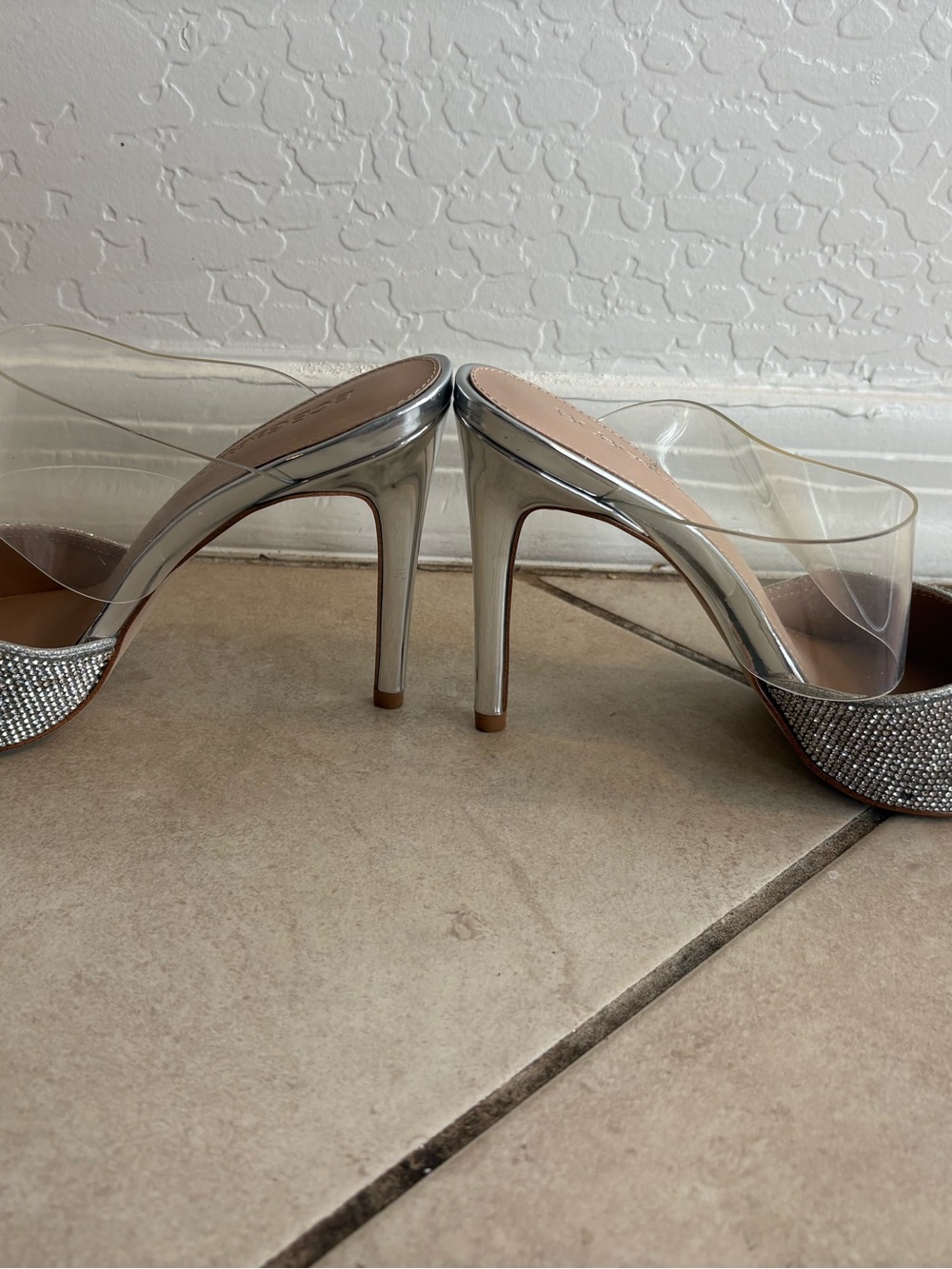 BCBGeneration Harlina Silver Rhinestone Clear Strap Stiletto Heels Size 6.5 - Picture 4 of 10